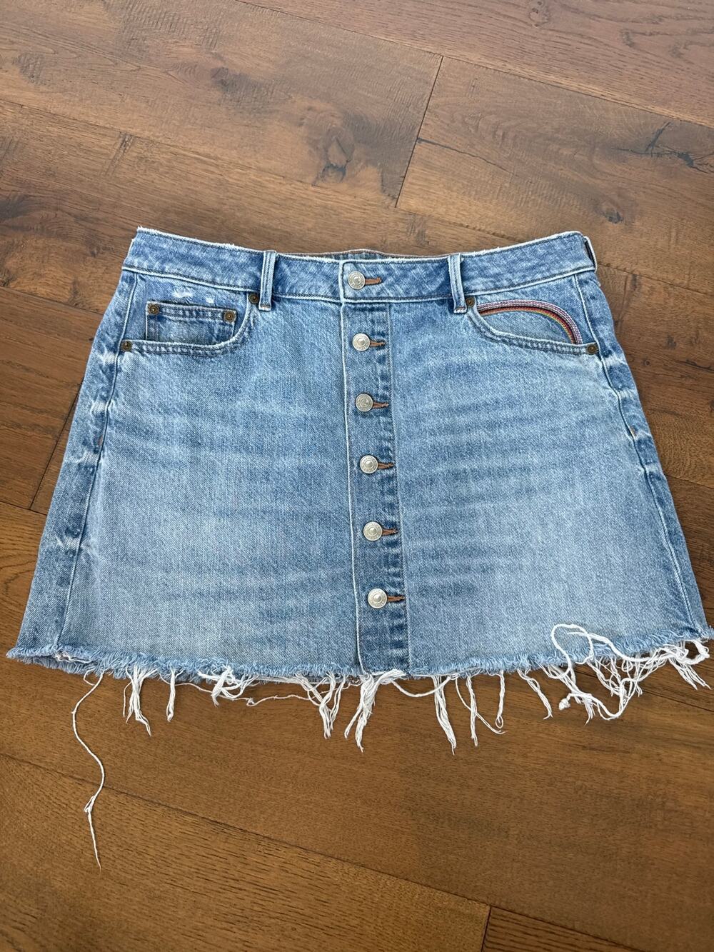 American Eagle Rainbow High Rise A-Line Button Front Raw Hem Denim Skirt 14